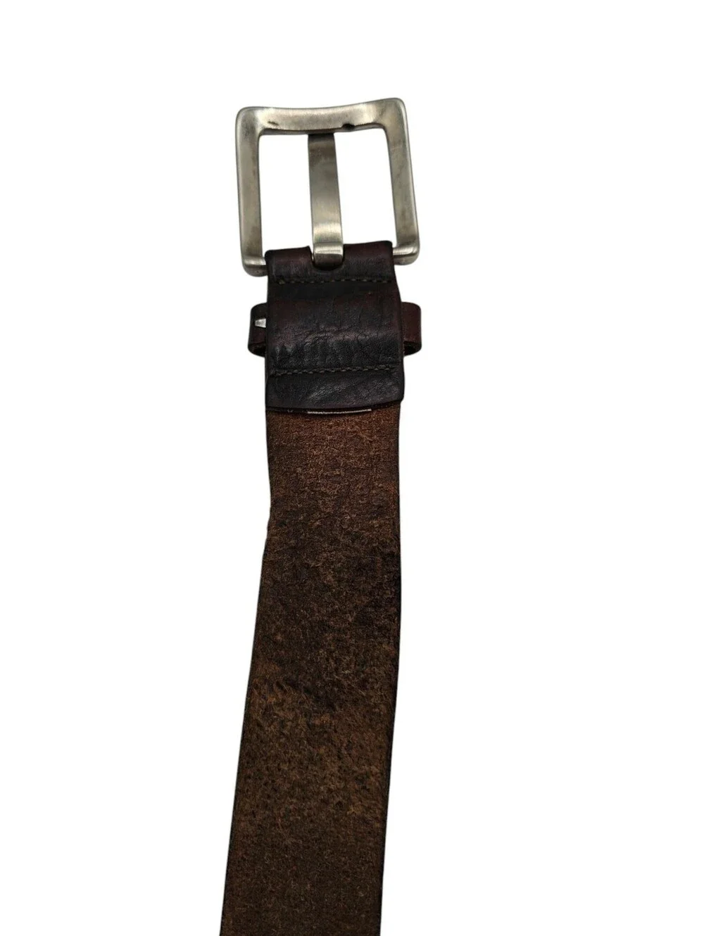 Vintage Mens Sz L Dark Brown Leather Belt w/ Brushed Silver Buckle Accents
